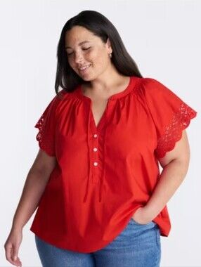 Women's Red Button-Front Eyelet Sleeve Top 100% Cotton